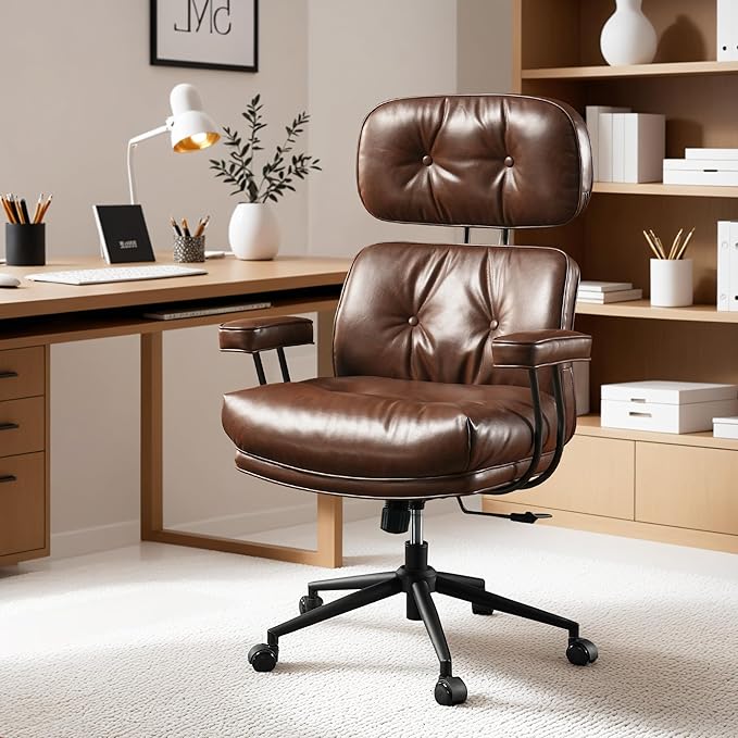 ovios Ergonomic Office Chair, High Back Faux Leather Executive Chairs with Thick Cushion, Comfy High-Century Modern Swivel Rolling Computer Armchair (Dark Brown, PU Leather)