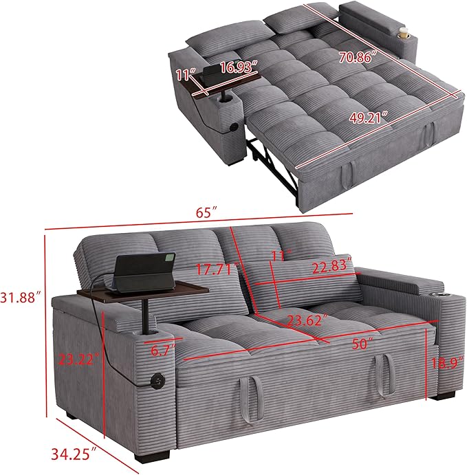 65" Sofa Bed, Loveseat 3-in-1 Sleeper Sofa with Pull Out Bed, 360° Swivel Side Table and USB, 2 Seater Convertible Small Couch for Living Room Apartment (Gray, Corduroy)