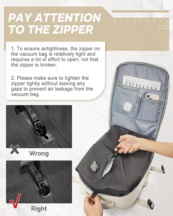 suwasp Vacuum Compression Backpack, 45L Expandable Travel Backpack with Electric Vacpack Pump, Travel Vacuum Bags with Shoe Compartment/17inch Laptop Compartment/USB Port, Beige