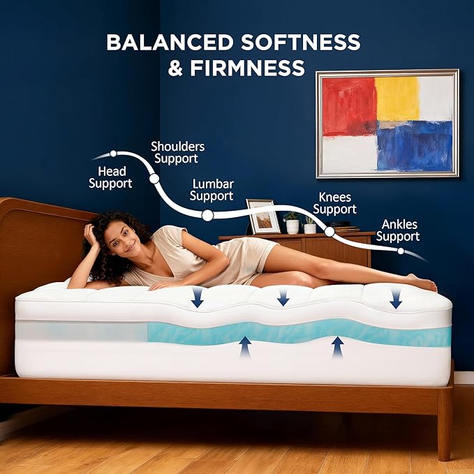Full Size Dual Layer 4 Inch Memory Foam Mattress Topper, 2 Inch Gel Infused Memory Foam and 2 Inch Down Alternative Pillow Top Mattress Pad Cover, Medium Support for Back Pain & Side Sleep
