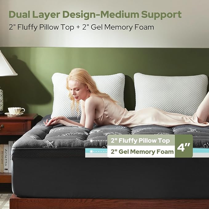 BEDLORE California King Memory Foam Mattress Topper 4 Inch,2-in-1 Dual Layer Design (2"Gel Memory Foam + 2"Plush Pillow Top Cover) Mattress Topper Medium-Firm,Pressure Relief & Back Pain Support(Gray)