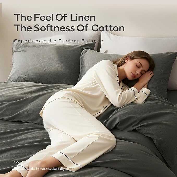 JELLYMONI Duvet Cover Queen Size - Washed Cotton Comforter Cover with Linen-Like Texture,Breathable & Soft Bedding for Modern Home,Guest Room and Everyday Use,Dark Grey 1 Duvet Cover & 2 Pillowcases