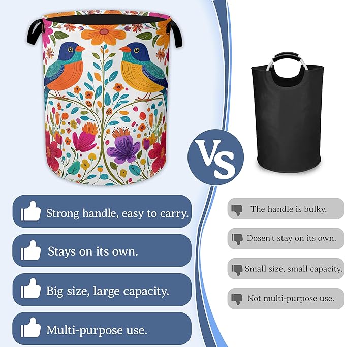 Bird Flower Laundry Basket,Oxford Cloth Mexico Laundry Hamper With Handle Foldable Portable Clothes Storage Basket for Laundry Room/Bedroom/Bathroom 20.8"x16"