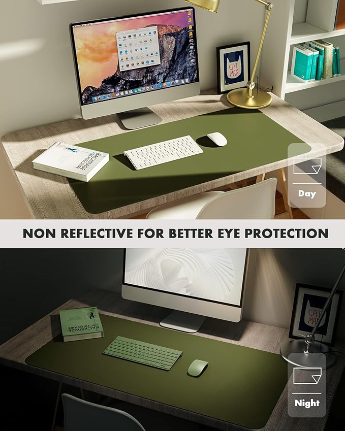 YSAGi Double-Sided Desk Pad, Leather Desk Mat, Eco Cork Desk Pad Protector,Large Mouse Pad,Waterproof Desk Blotter for Office/Home (Olive Green+Cork, 47.2" x 23.6")