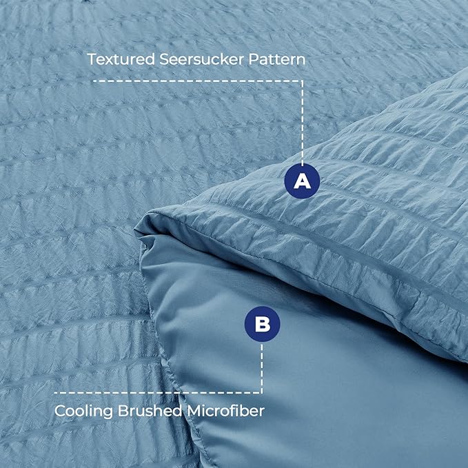HYMOKEGE Mineral Blue Twin Comforter Set Seersucker 5 Pieces, All Season Luxury Bed in a Bag for Bedroom, Bedding Set with Comforter, Sheets, Pillowcase & Sham