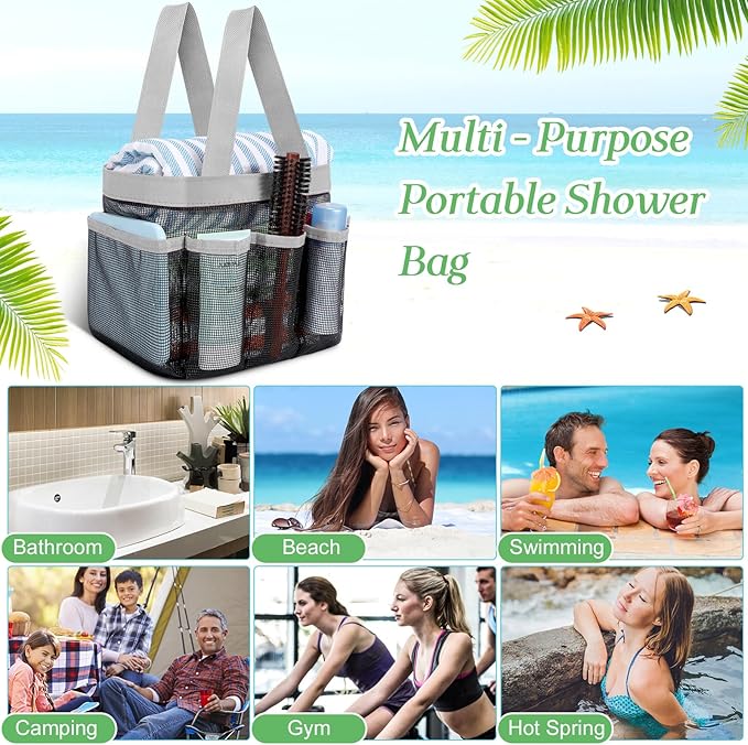 Hillban 4 Pcs Mesh Shower Caddy Portable Large Quick Dry Shower Caddy Basket with Deeper 8 Pockets and 2 Handles Hanging Bag for College Dorm Room(Gray)