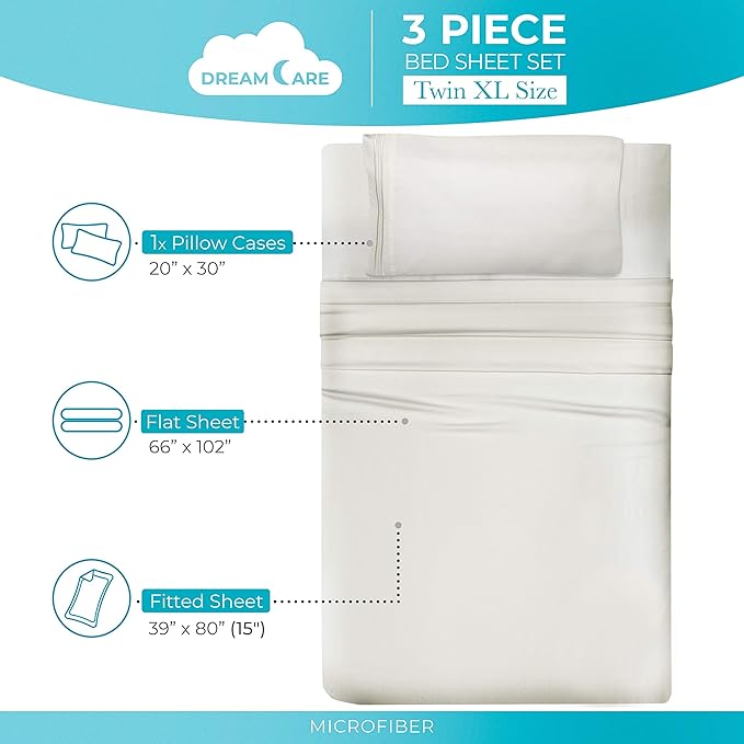DREAMCARE Twin XL Sheet Sets – 3pcs Cooling Sheets – up to 15” Deep Pocket Twin XL Sheets Set – Hotel Luxury Sheets & Pillowcases – Superior Softness 100% Fine Microfiber with Side Pocket – Ivory DREAMCARE