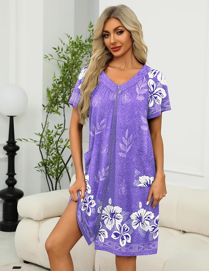Ekouaer Women Robe Zipper Front Mumu Duster Robes Zip Up Housecoat Soft Sleepwear with Pockets