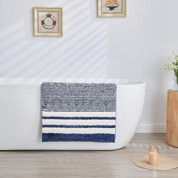 CozeCube Bath mats for Bathroom Non Slip, Fluffy Absorbent Microfiber Bath mat Washable, Aesthetic Bathroom Rugs, Cute Navy Blue Striped Bath mat, Navy Blue, 32" x 20"
