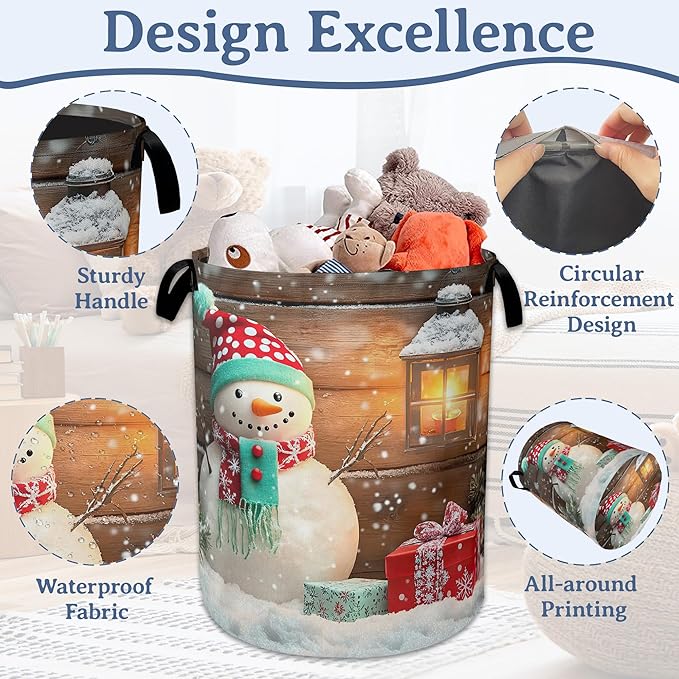 Christmas Laundry Basket,Oxford Cloth Snowman Laundry Hamper With Handle Foldable Portable Clothes Storage Basket for Laundry Room/Bedroom/Bathroom 20.8"x16"