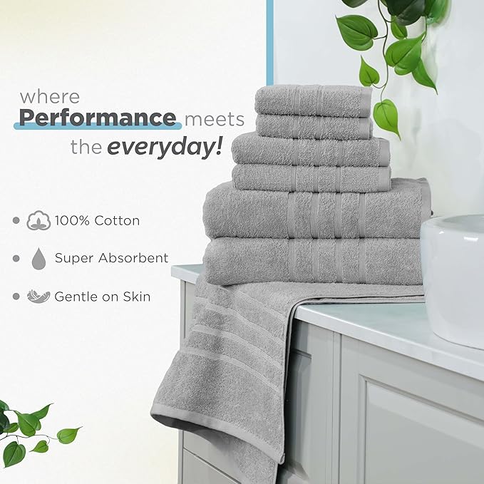 Martex 6-Piece Towel Set – Ultimate Performance – 100% Cotton – 2 Bath Towels – 2 Hand Towels – 2 Wash Cloths – Versatile – Low-Linting – Supersoft & Absorbent Bathroom Set – Easy Care – Monument Gray