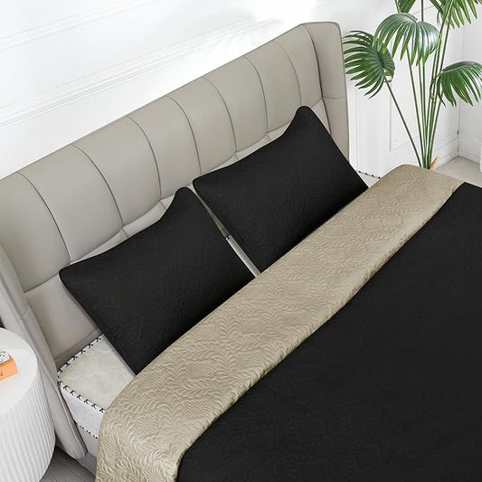 Easy-Going King Size Reversible Quilt Set with 1 Quilt and 2 Pillow Shams, Soft Bed Quilt Cover, Water Resistant Lightweight Microfiber Bedspread, Stain Resistant, Olive Leaf-Black/Beige