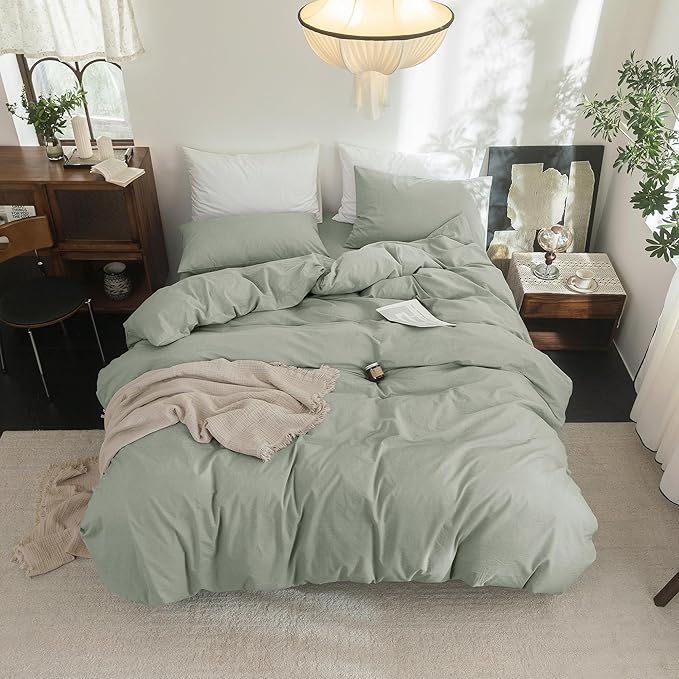 FOSSA Duvet Cover Set 100% Washed Cotton Linen Feel Super Soft Breathable Cozy 3 Pieces Bedding Sets Solid Sage Green King