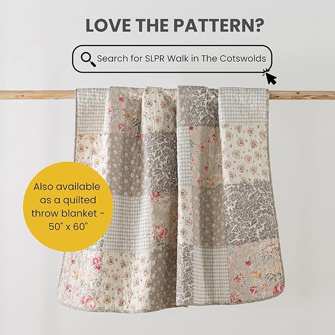 SLPR Walk in The Cotswolds Patchwork Cotton Pieced Quilt Set - Twin Size with 1 Sham, Neutral Floral & Cream Cottage Quilted Bedspread, French Country Farmhouse Bedding for All Seasons