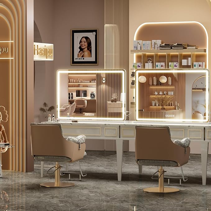 Hasipu Vanity Mirror with Lights and Bluetooth Speaker, 47.2" x 29.5" LED Makeup Mirror, Lighted Makeup Mirror with Dimmable 3 Modes, Touch Screen Control Vanity Mirror Round White