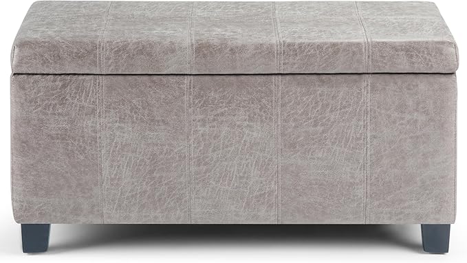 SIMPLIHOME Dover 36 inch Wide Contemporary Rectangle Storage Ottoman Bench in Distressed Grey Taupe Vegan Faux Leather, Assembled, For the Living Room, Entryway and Family Room
