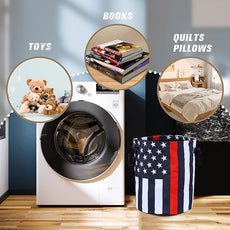 American Flag Thin Red Line Laundry Basket Foldable Oxford Cloth Funny Tote Bag Laundry Hamper Clothes Storage Bucket Organizer For Bathroom/Laundry Storage /Bedroom17.7x13.7 Inch