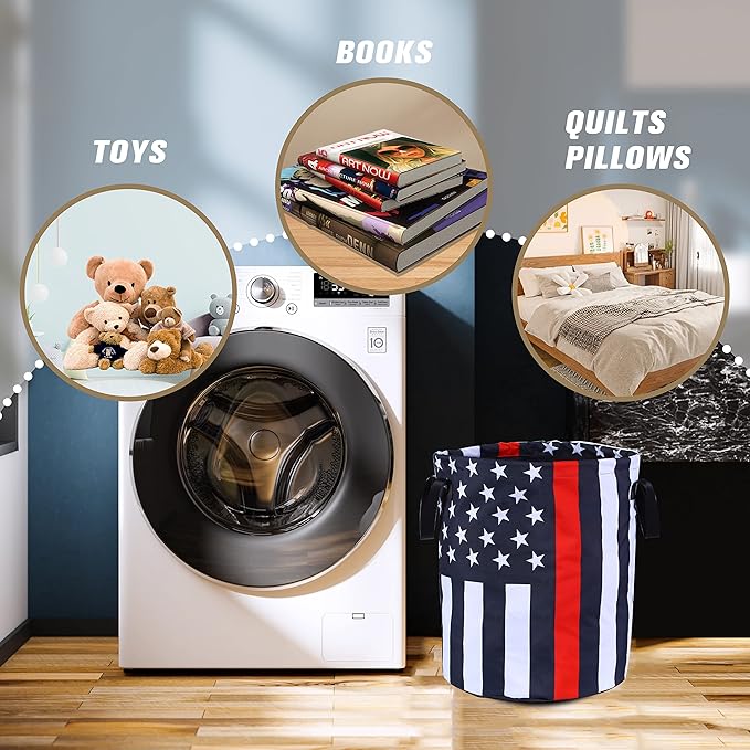 American Flag Thin Red Line Laundry Basket Foldable Oxford Cloth Funny Tote Bag Laundry Hamper Clothes Storage Bucket Organizer For Bathroom/Laundry Storage /Bedroom17.7x13.7 Inch