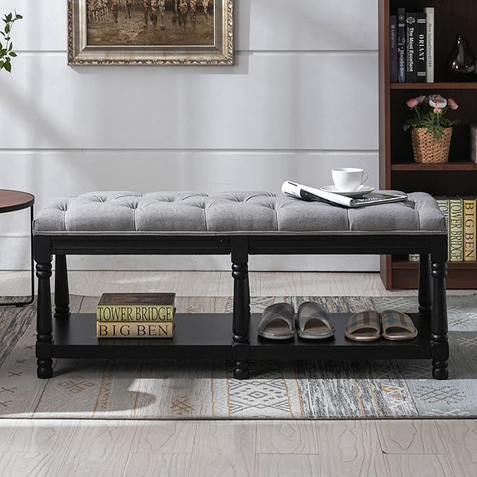 chairus Storage Bench 45.5 "W Extra-Long Button Tufted Entryway Bench with Wood Shoes Rack End of Bed Bench with Fabric Linen Upholstered Rectangular Seat for Bedroom Hallway Living Room Window, Grey