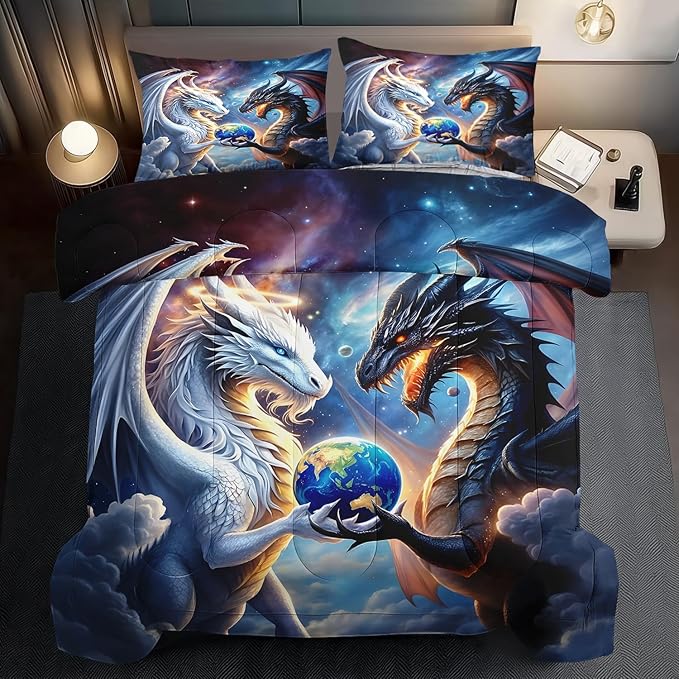 Black White Dragon Comforter Set Full Boys Flame Ancient Mysterious Creatures Fantasy Dragon Bedding Set Boys GirlsWhite and Black Comforter Full Size Animals Quilt Room Decor