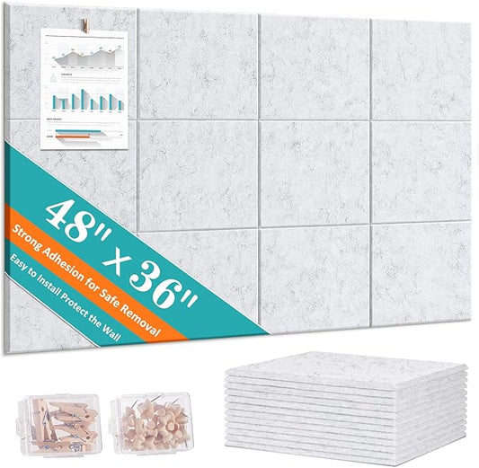 Large Cork Board for Walls 48" x 36" - 12 Pack Felt Wall Tiles with Safe Removable Adhesive Tabs & 40 Pcs Pushpins - Bulletin Board for Office Classroom Home Decor - Marble White