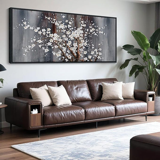 AJAZIKO Large Plum Blossom Canvas Wall Art, Brown Wall Decor, Living Room Cherry Blossom Bedroom Pictures, Framed Artwork, Modern Canvas Paintings, 31x70