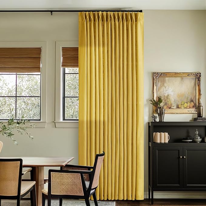 Gold Yellow Linen Pinch Pleated Curtains 108 Inches Long 2 Panels for Living Room Bedroom Light Filtering Drapes 108 Inch Length Mustard Yellow Semi Sheer Memory Shape Trained Ceiling Floor Curtain