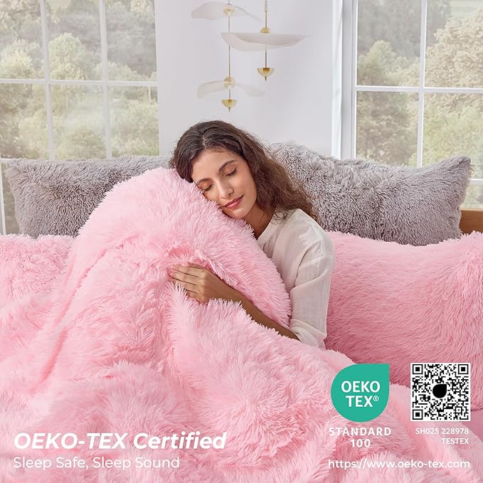 Sasttie 3-Piece Fluffy Duvet Cover King, Ultra Soft Faux Fur and Velvet Pink Comforter Cover, Luxury Fuzzy Bedding Sets for Winter Bed, Includes 1 Duvet Cover and 2 Pillowcases, No Comforter