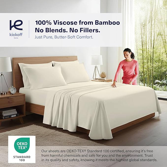Kickoff Viscose Bamboo Sheets Full Size 4-pc 100% Organic Bamboo Viscose Bed Cooling Sheets Full Size Set Cool Bedding for hot Sleepers Sheet, Flat, Fitted, Pillowcases (Buttercream, F) KickoffHome