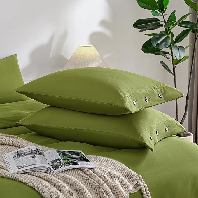 JELLYMONI Christams Pillowcases Standard Set of 2 Cotton Button Pillow Covers 20×26in Avocado Green Bed Pillow Cases 100% Washed Cotton Soft Breathable (Pillows are not Included)
