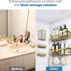 Fab Glass and Mirror 5-Pack Shower Caddy, Gold - Shower Organizer & Shelves for Efficient Storage, Bathroom Caddy for Wall Organizer, Durable Showers Wall Caddy