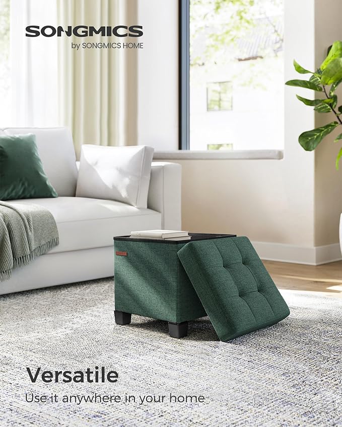 SONGMICS Storage Ottoman, Small Ottoman Foot Rest with Legs, 15 x 15 x 15.7 Inches Foot Stool, Load up to 660 lb, for Living Room, Bedroom, Dorm, Retro Green ULSF014C01