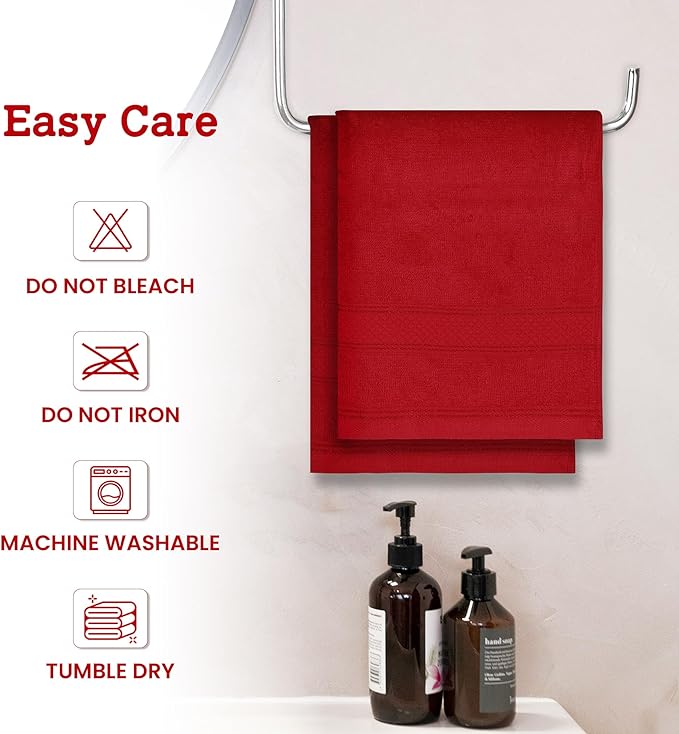 Casa Lino 100% Cotton Hand Towels for Bathroom - Soft, Highly Absorbent & Quick Dry Kitchen Towels - Gym Towel Set - Travel Towel Set - 24" x 16" - Pack of 4 - (Red)