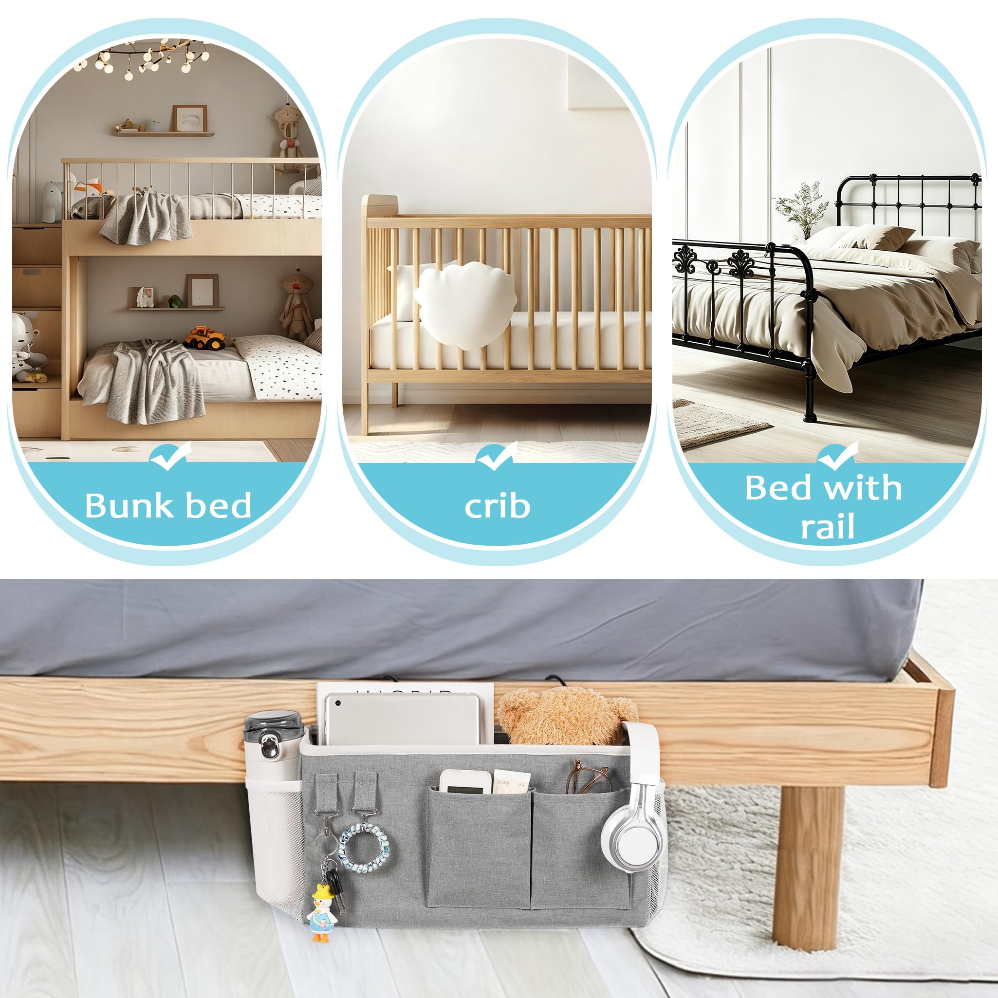 Loghot Bedside Caddy/Bedside Storage Bag Hanging Organizer for Bunk and Hospital Beds,Dorm Rooms Bed Rails,Can be Placed Glasses,Books,Mobile Phones,Keys (Light Pink) Dormly