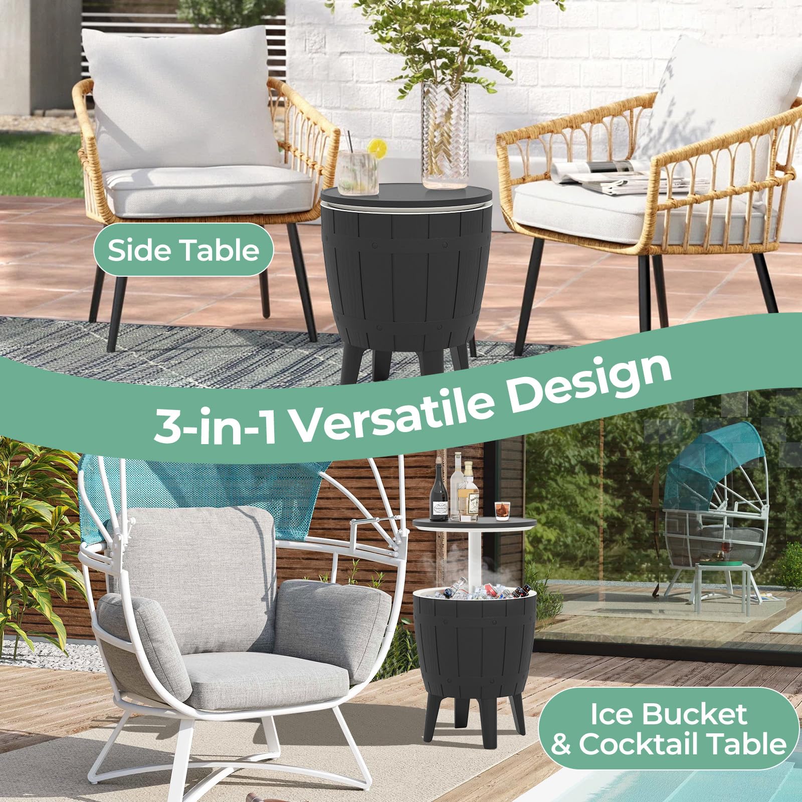 Giantex Cooler Side Table Outdoor, 10 Gallon Ice Cooler with Drainage Plug, Adjustable Height, 3-in-1 Cocktail Patio Par Table for Beer Wine Storage, Deck Pool Backyard Party, Taupe (Wood-Style)