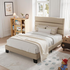 Allewie Twin Size Platform Bed Frame with Fabric Upholstered Headboard and Wooden Slats Support, Fully Upholstered Mattress Foundation/No Box Spring Needed/Easy Assembly, Beige