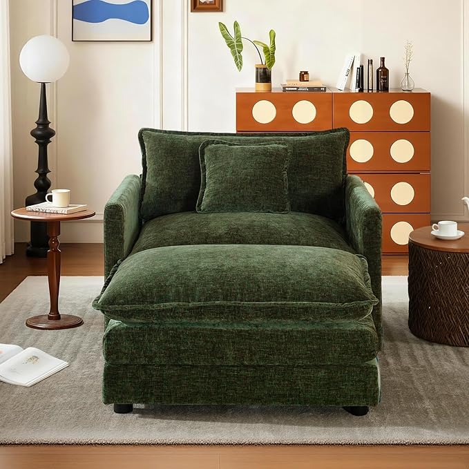 SoarFlash Chenille Sectional Sofa, Comfy Modular Single Sofa with Ottoman, Modern Recliner Deep Seat Sofa Set for Living Room,Green
