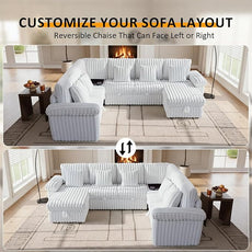 Modular Sectional Sleeper Sofa with Pull Out Bed, U Shaped 7 Seat Sectional Couches for Living Room, 110 Inch Sofa Bed with Armrest Pillows | Hidden Storage | USB Charging | Cup Holder, White