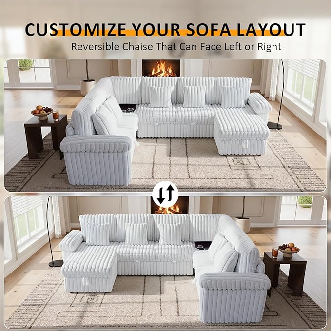 Modular Sectional Sleeper Sofa with Pull Out Bed, U Shaped 7 Seat Sectional Couches for Living Room, 110 Inch Sofa Bed with Armrest Pillows | Hidden Storage | USB Charging | Cup Holder, White