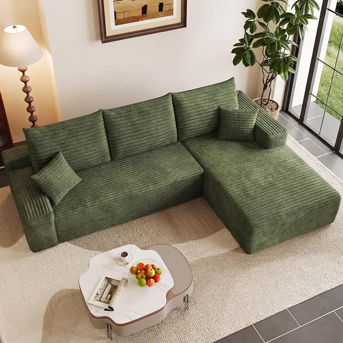 95" Modular Sectional Couch, Boneless L Shaped Cloud Sofa with Chaise Lounge, Corduroy Upholstered Couches Memory Foam Deep Seat, No Assembly Required, Ideal for Living Room(Green, Right Facing)