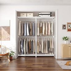 Homykic Bamboo Clothes Rack with Shelves and Double Hang Rods, Portable Closet System Garment Rack for Hanging Clothes, Tall Clothing Rack Corner Closet Organizer, Easy to Built, Freestanding, White