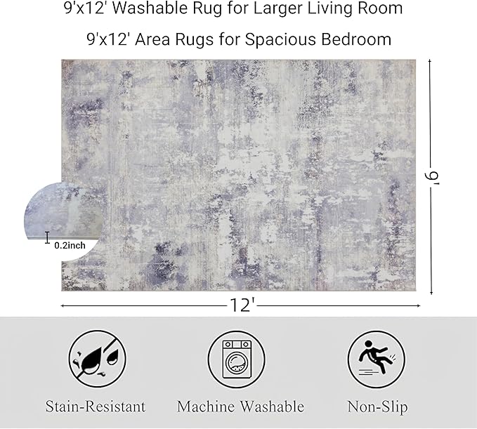 RCTJHOME 9'x12' Washable Area Rugs for Larger Living Room/Spacious Bedroom, Ultra Soft Non-Slip Accent Carpet, Dining Room,Larger Home Office, Low Pile Persian Rug Light Grey White Watercolor