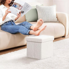 PINPLUS Storage Ottoman Cube Square Shaped Ottomans with Storage Foot Stool Footrest for Lving Room Boucle Ottoman Seat for Dorm Room,Faux Teddy Fur, White,11.8