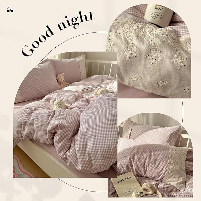 mixinni Purple White Gingham Duvet Cover Twin Size - 3 Piece Cottagecore Plaid Bedding Set with Lace Trim, Soft Washed Microfiber Vintage Aesthetic Grid Comforter Cover & Pillow Shams