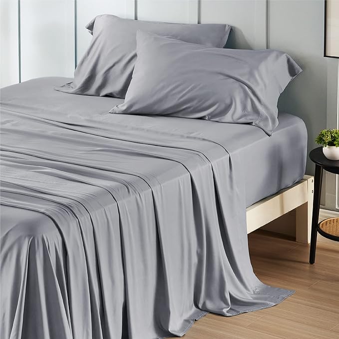 Bedsure King Size Sheet Set, Cooling Sheets, Rayon Derived from Bamboo, Deep Pocket Up to 16", Breathable & Soft, Bed Sheets, Hotel Luxury Silky Bedding for Hot Sleepers, Silver Grey