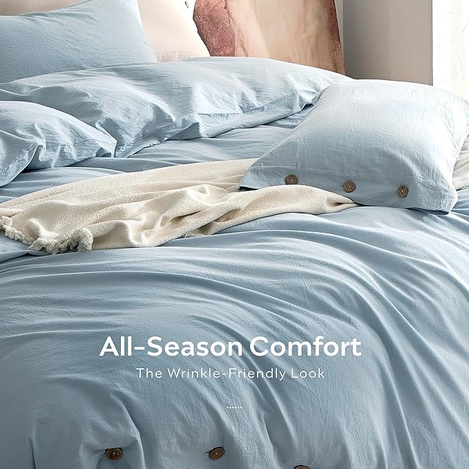 JELLYMONI 100% Washed Cotton Duvet Cover King – Soft, Breathable Linen-Look Bedding with Natural Wrinkle Texture, Button Closure, 3-Piece Set (Mist Blue, 104"x90")