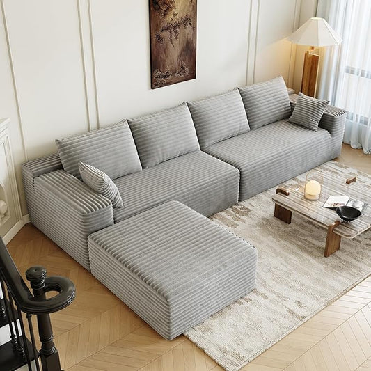 139.4" Modular Sectional Sofa, L-Shaped Minimalist Couches with Ottoman Chaise, Modern Deep Seat Convertible Sleeper Sofa,Cloud Plush Corduroy Fabric, No Assembly Required, 5 Seater, Grey