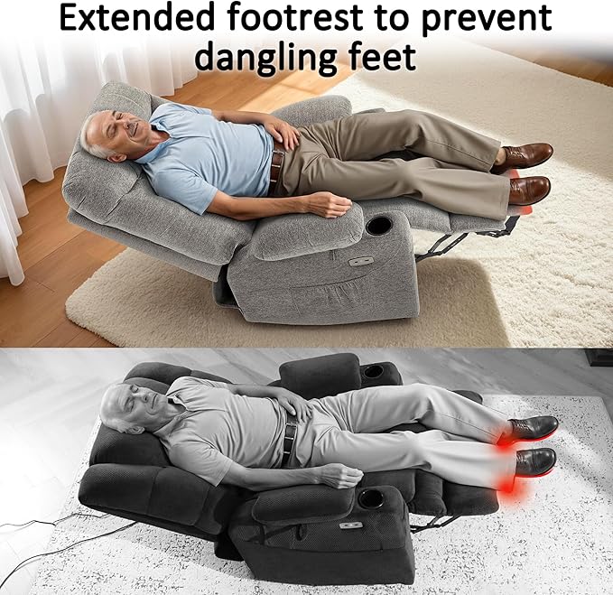 MCombo Oversized Power Lift Recliner Chair with Extended Footrest, Extra Wide 27.2" for Big and Tall Elderly People, Fabric R7289 (Light Grey, Medium-Oversize)