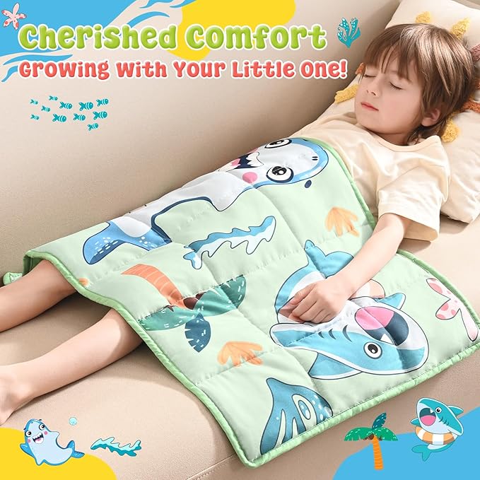 anfie Weighted Lap Pad 2 Pounds, Weighted Blanket Kids(20"*30") Cooling Blanket for Sleeping,Weighted Throw Blanket for Travel Indoor Outdoo(Green Shark)