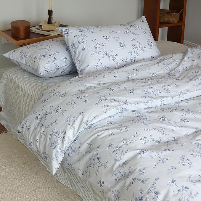 HighBuy Vintage Floral King Duvet Cover Blue Floral Duvet Cover 100% Cotton Garden Boho Flower Comforter Cover King Luxury Girls Bedding Set King Chic Flower Cottagecore Bedding Set for Men Women